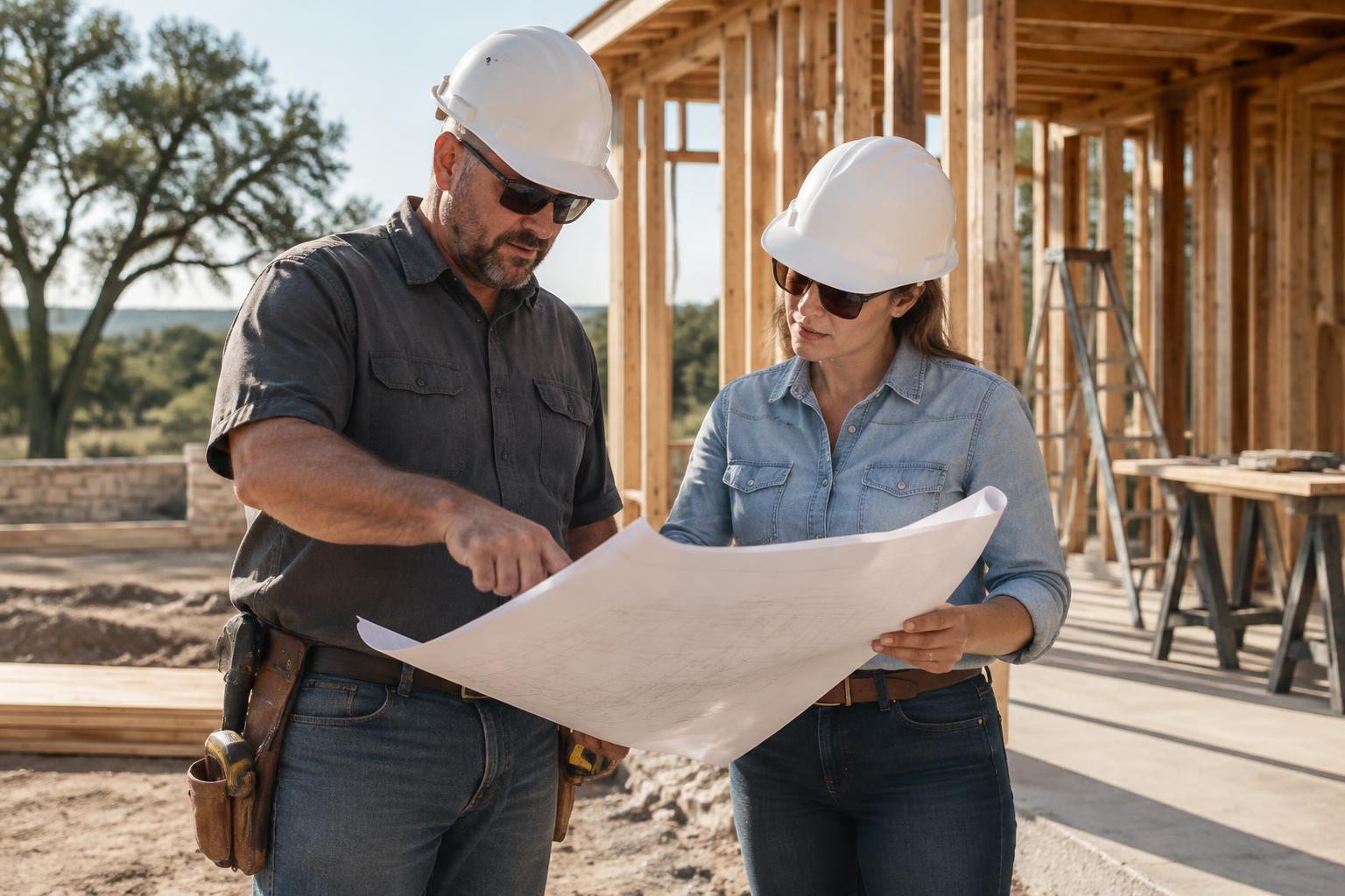 Contractor reviewing a project plan during a site visit