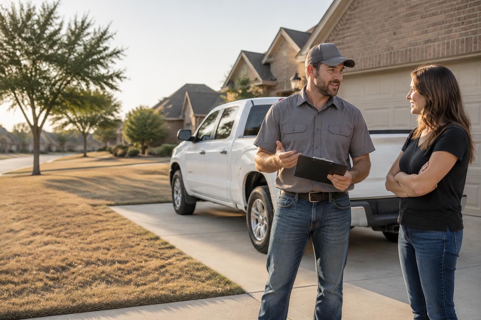 Contractor reviewing a project with a homeowner in the driveway