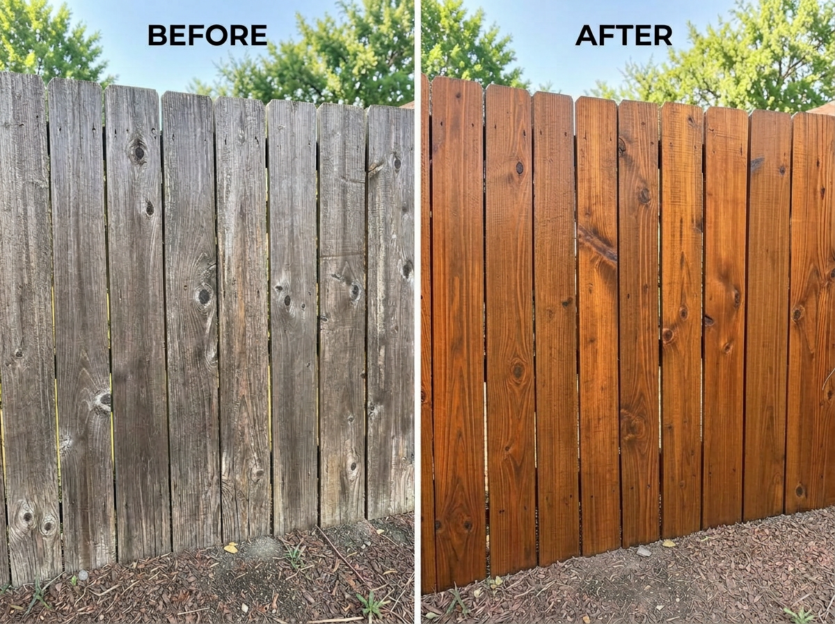 Wood fence freshly stained in cedar brown in Weatherford, TX