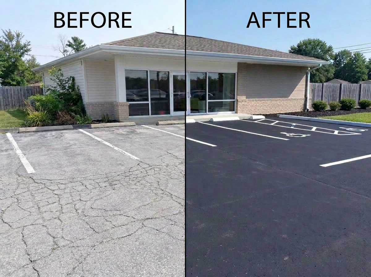 Freshly striped and repaired commercial parking lot in Weatherford, TX