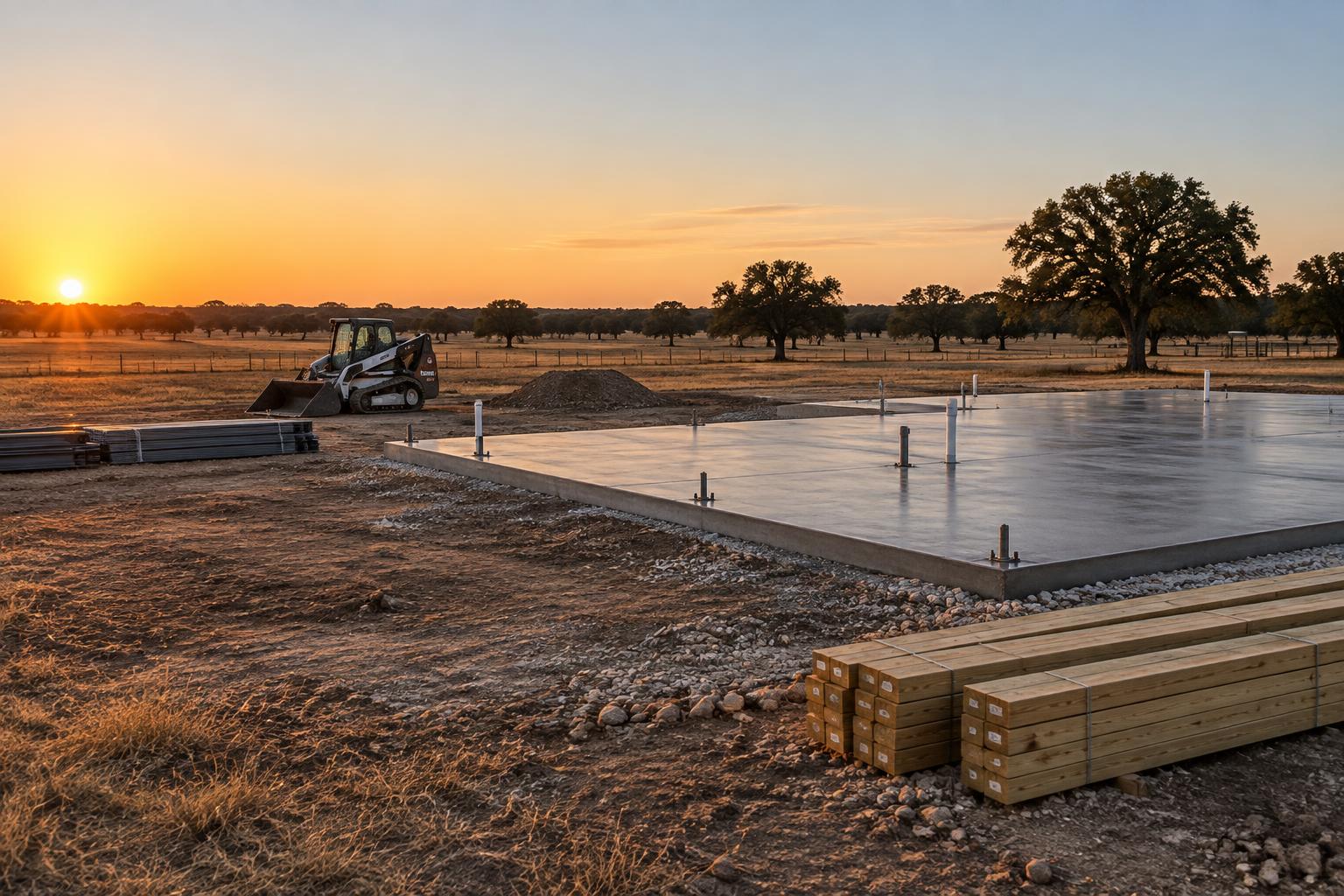 Freshly poured slab and stacked materials on a North Texas construction site